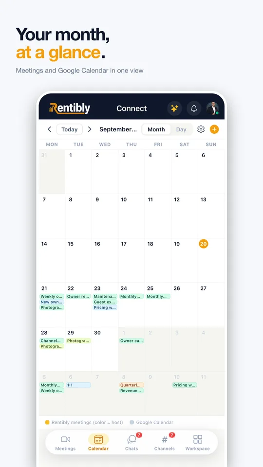Rentibly Connect: Your month, at a glance. Meetings and Google Calendar in one view.