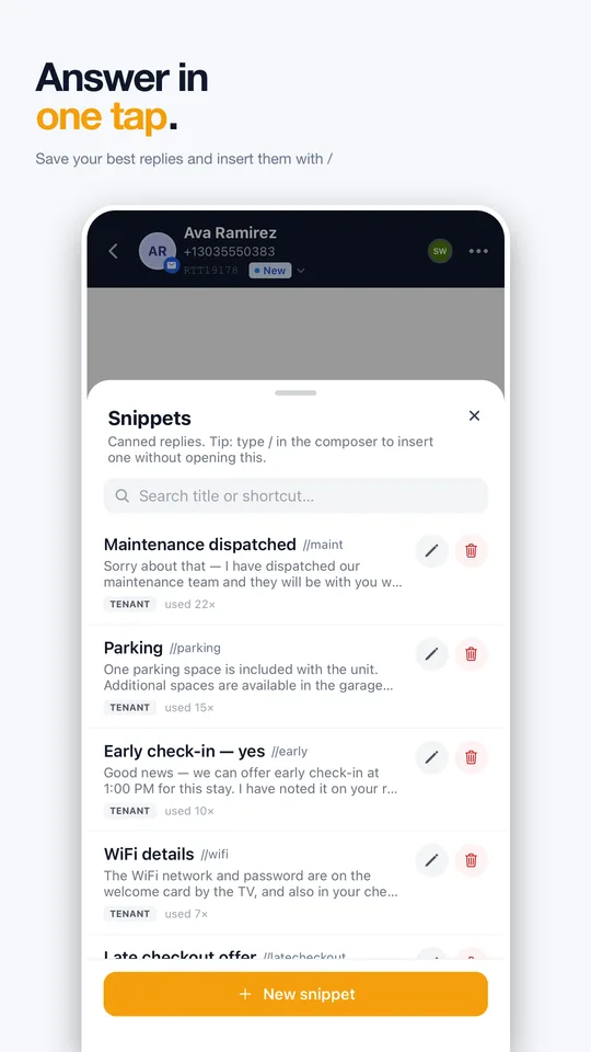 Rentibly Inbox: Answer in one tap. Save your best replies and insert them with /.