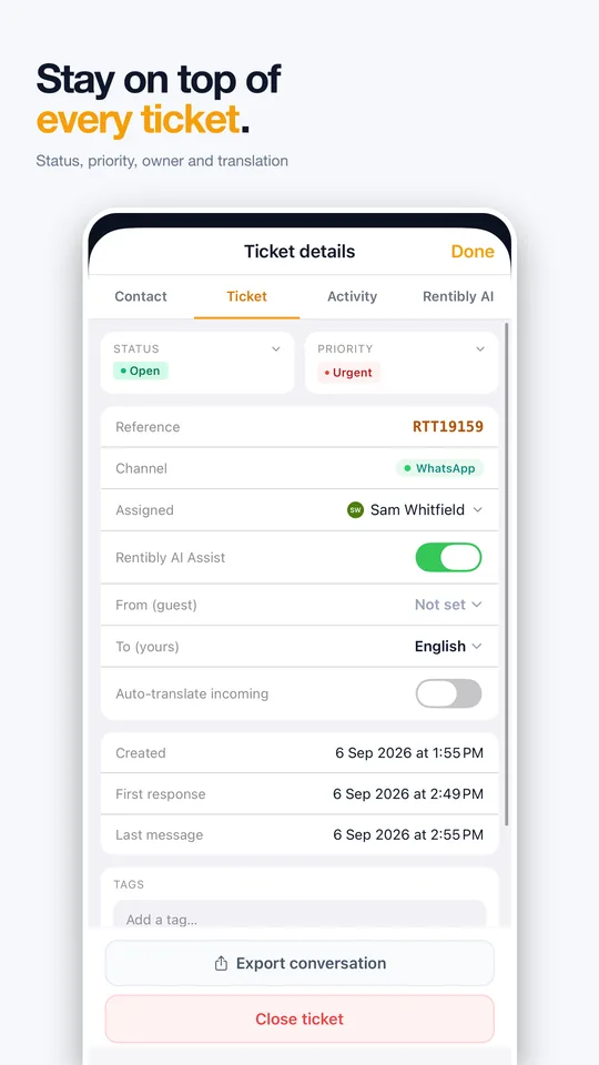 Rentibly Inbox: Stay on top of every ticket. Status, priority, owner and translation.