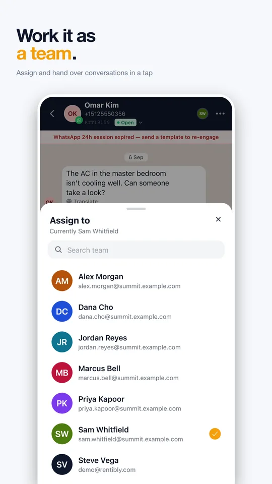 Rentibly Inbox: Work it as a team. Assign and hand over conversations in a tap.