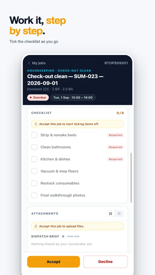 Rentibly Ops: Work it, step by step. Tick the checklist as you go.