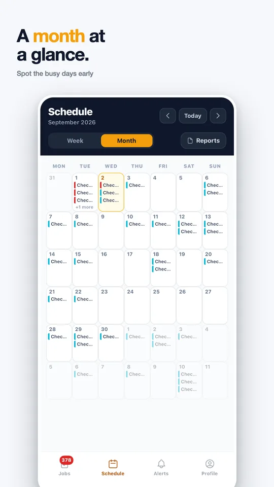 Rentibly Ops: A month at a glance. Spot the busy days early.