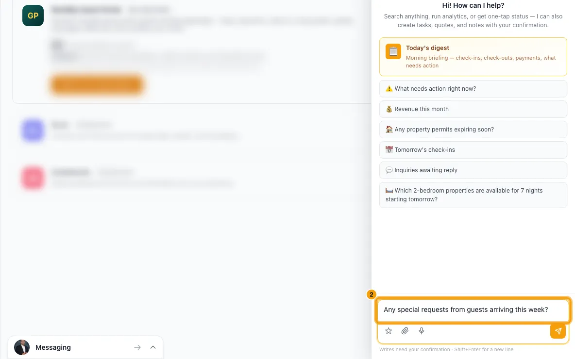 Act on guest special requests and offer upsells: steps 2, 4 and 6 in Rentibly, with Rentibly AI, Rentibly AI, Rentibly AI marked.