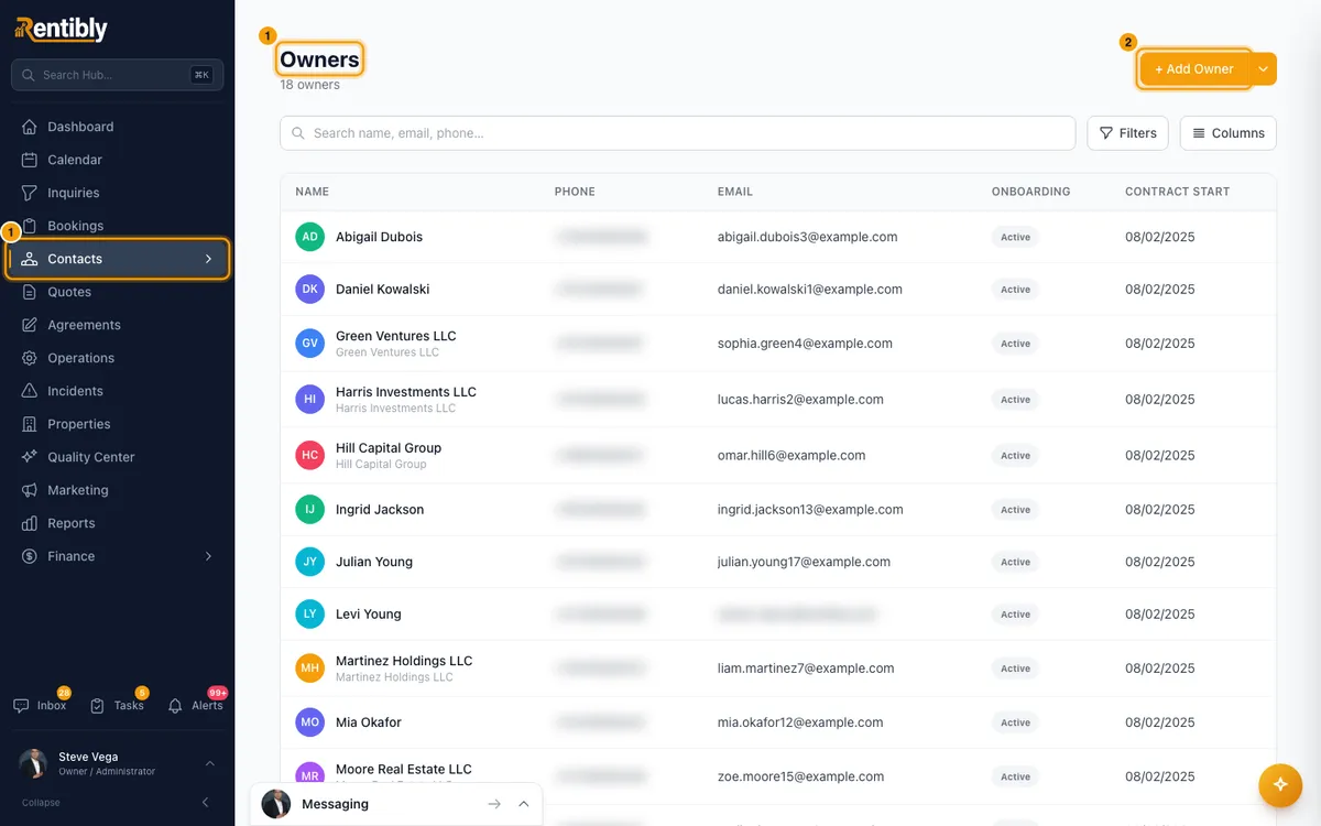 Add an owner contact (and keep owner leads as leads): steps 1 and 2 in Rentibly, with Contacts, Owners, + Add Owner marked.