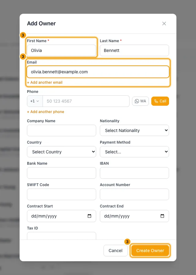 Add an owner contact (and keep owner leads as leads): step 3 in Rentibly, with First Name, Email, Create Owner marked.