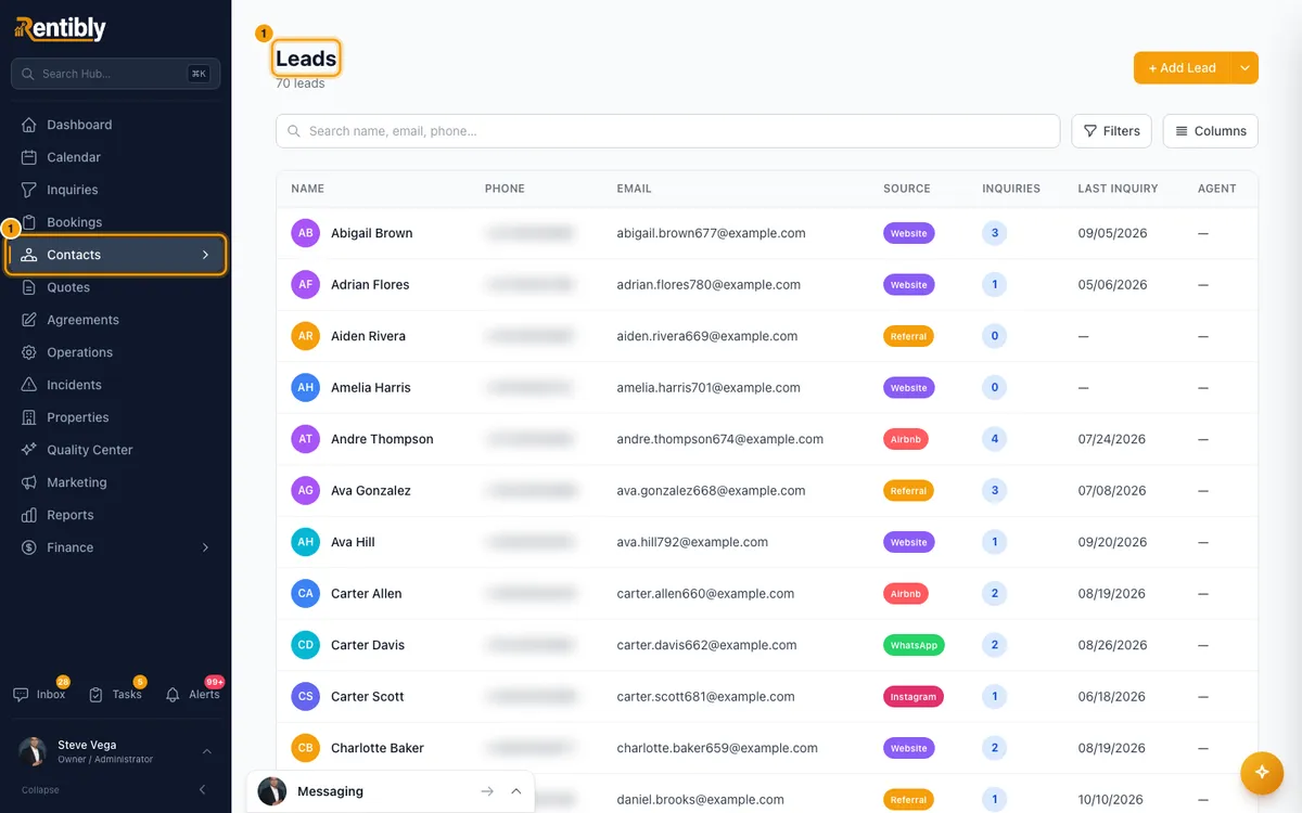 Add an owner contact (and keep owner leads as leads): step 1 in Rentibly, with Contacts, Leads marked.