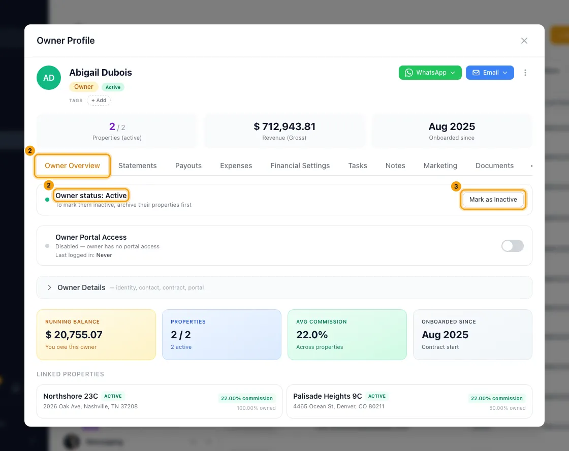 Add an owner contact (and keep owner leads as leads): steps 2 and 3 in Rentibly, with Owner Overview, Owner status: Active, Mark as Inactive marked.