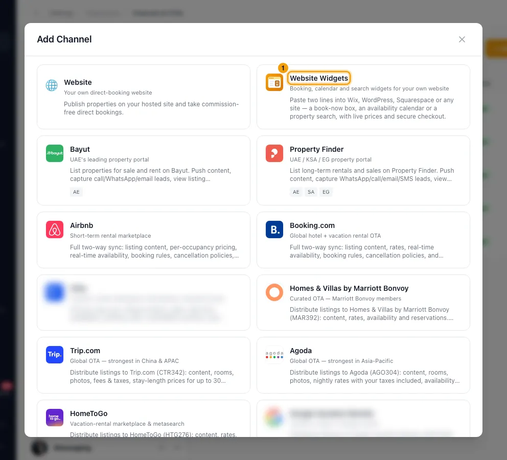 Add booking widgets to your own website: step 1 in Rentibly, with Website Widgets marked.
