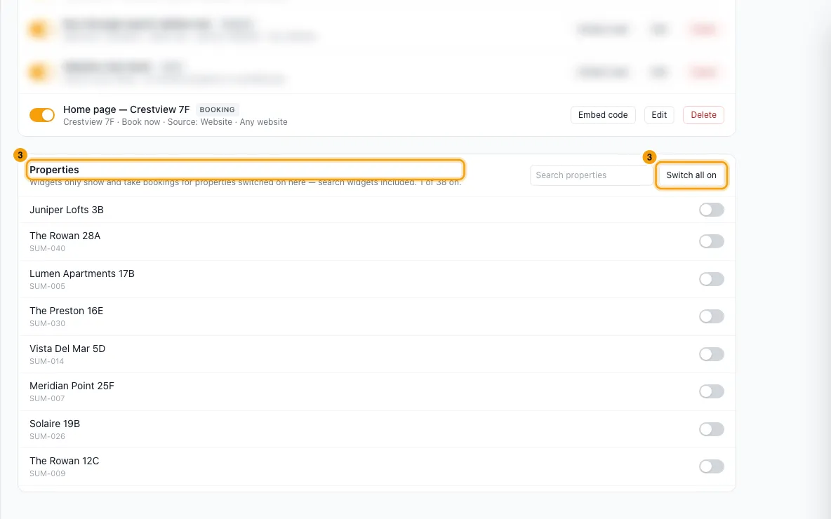 Add booking widgets to your own website: step 3 in Rentibly, with Properties, Switch all on marked.