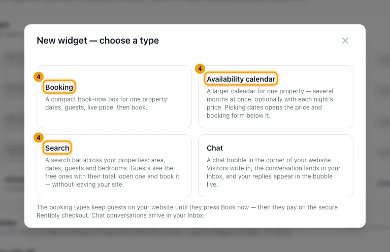 Add booking widgets to your own website: step 4 in Rentibly, with Booking, Availability calendar, Search marked.