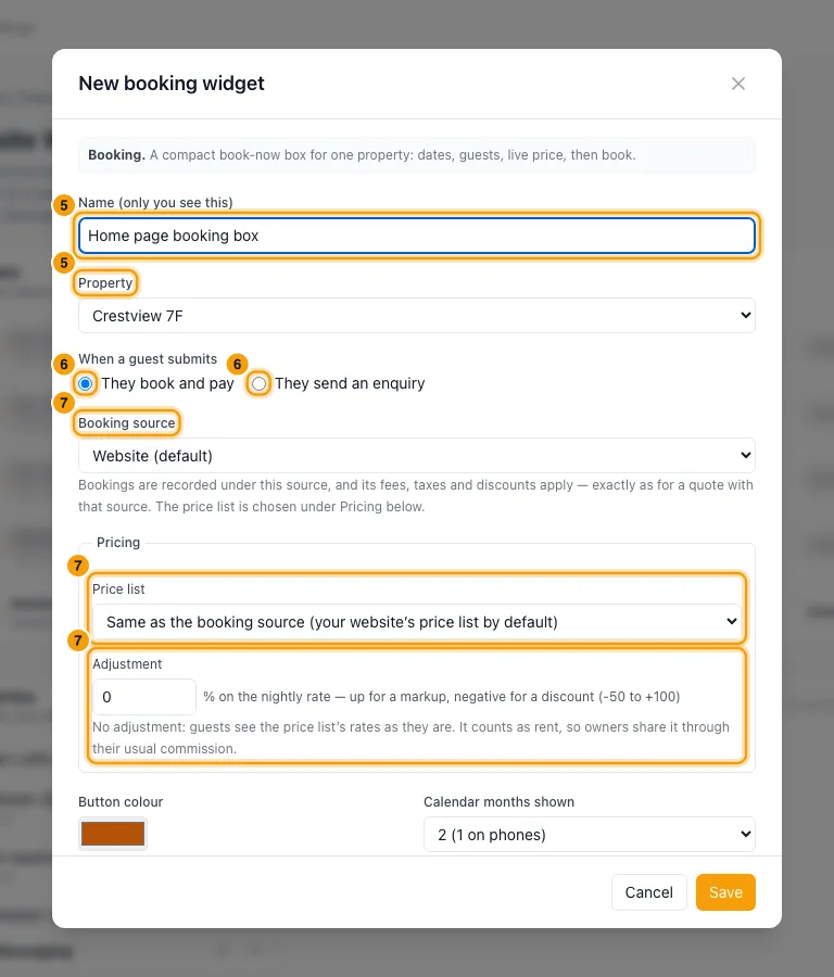 Add booking widgets to your own website: steps 5, 6 and 7 in Rentibly, with Name (only you see this), Property, They book and pay marked.