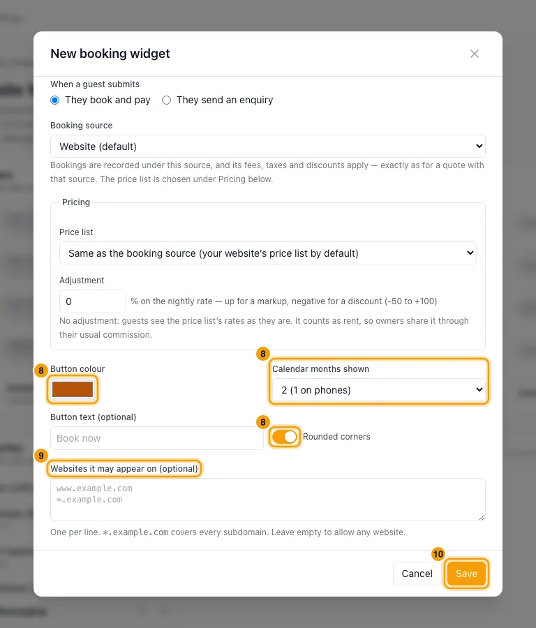 Add booking widgets to your own website: steps 8, 9 and 10 in Rentibly, with Button colour, Calendar months shown, Rounded corners marked.