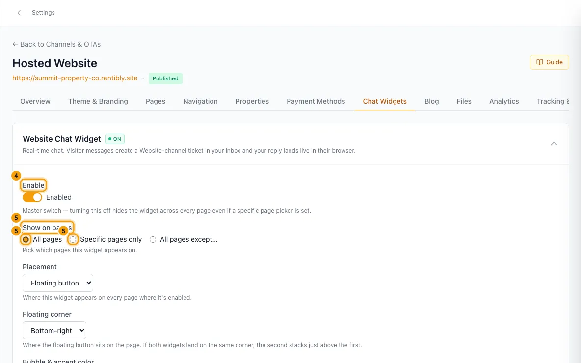 Add live chat and a WhatsApp button to your Rentibly website: steps 4 and 5 in Rentibly, with Enable, Show on pages, All pages marked.