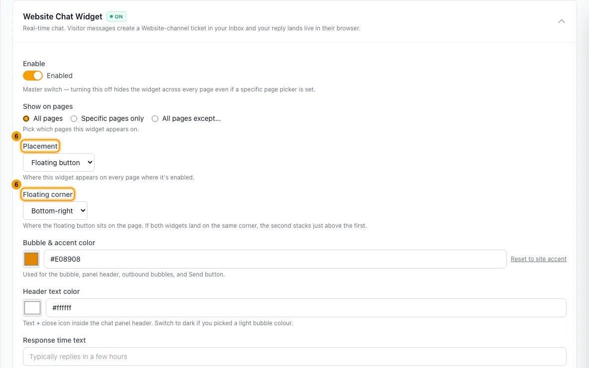 Add live chat and a WhatsApp button to your Rentibly website: step 6 in Rentibly, with Placement, Floating corner marked.