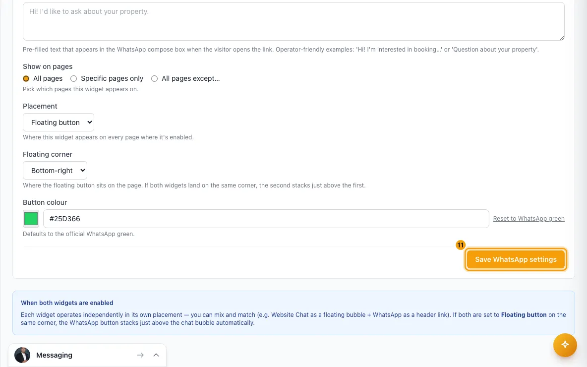 Add live chat and a WhatsApp button to your Rentibly website: step 11 in Rentibly, with Save WhatsApp settings marked.