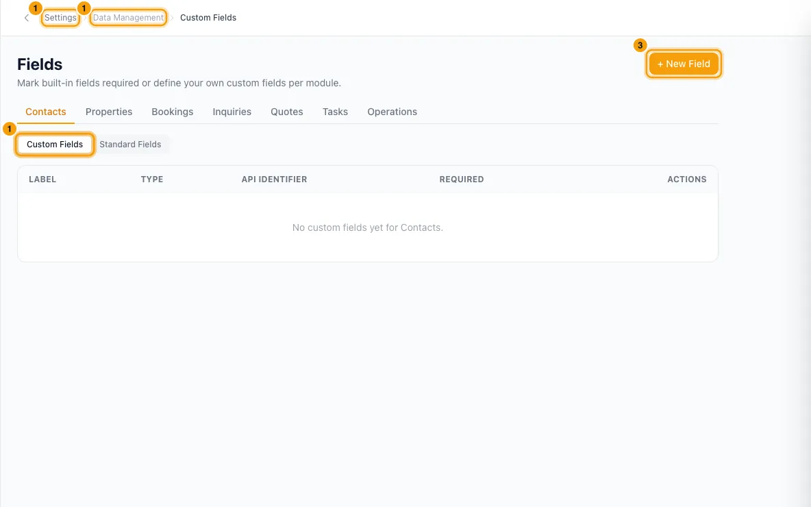 Add custom fields and tags: steps 1 and 3 in Rentibly, with Settings, Data Management, Custom Fields marked.