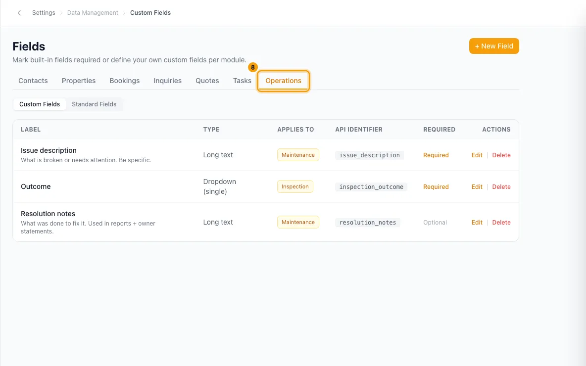 Add custom fields and tags: step 8 in Rentibly, with Operations marked.