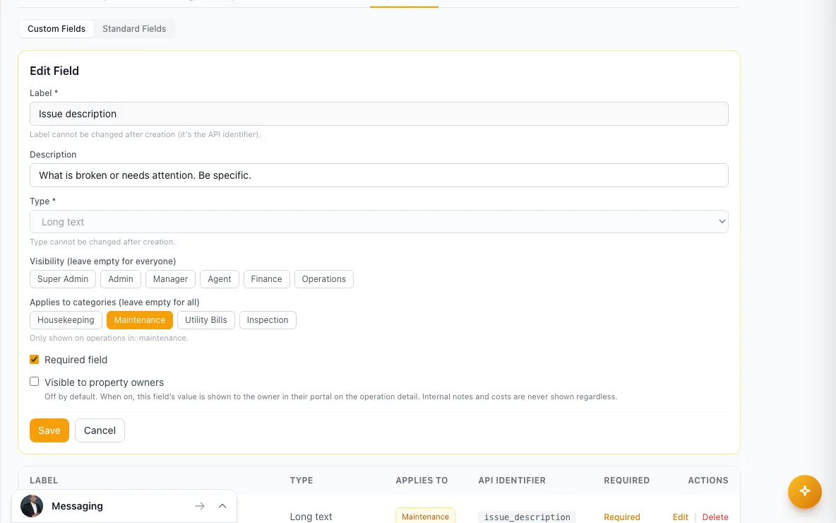 Add custom fields and tags: step 2 in Rentibly, with Delete marked.