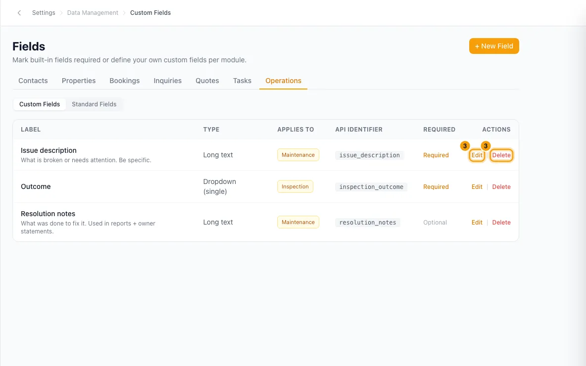 Add custom fields and tags: step 3 in Rentibly, with Edit, Delete marked.