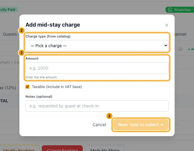 Add a fee, tax or discount to a booking: step 2 in Rentibly, with Charge type (from catalog), Amount, Next: how to collect marked.