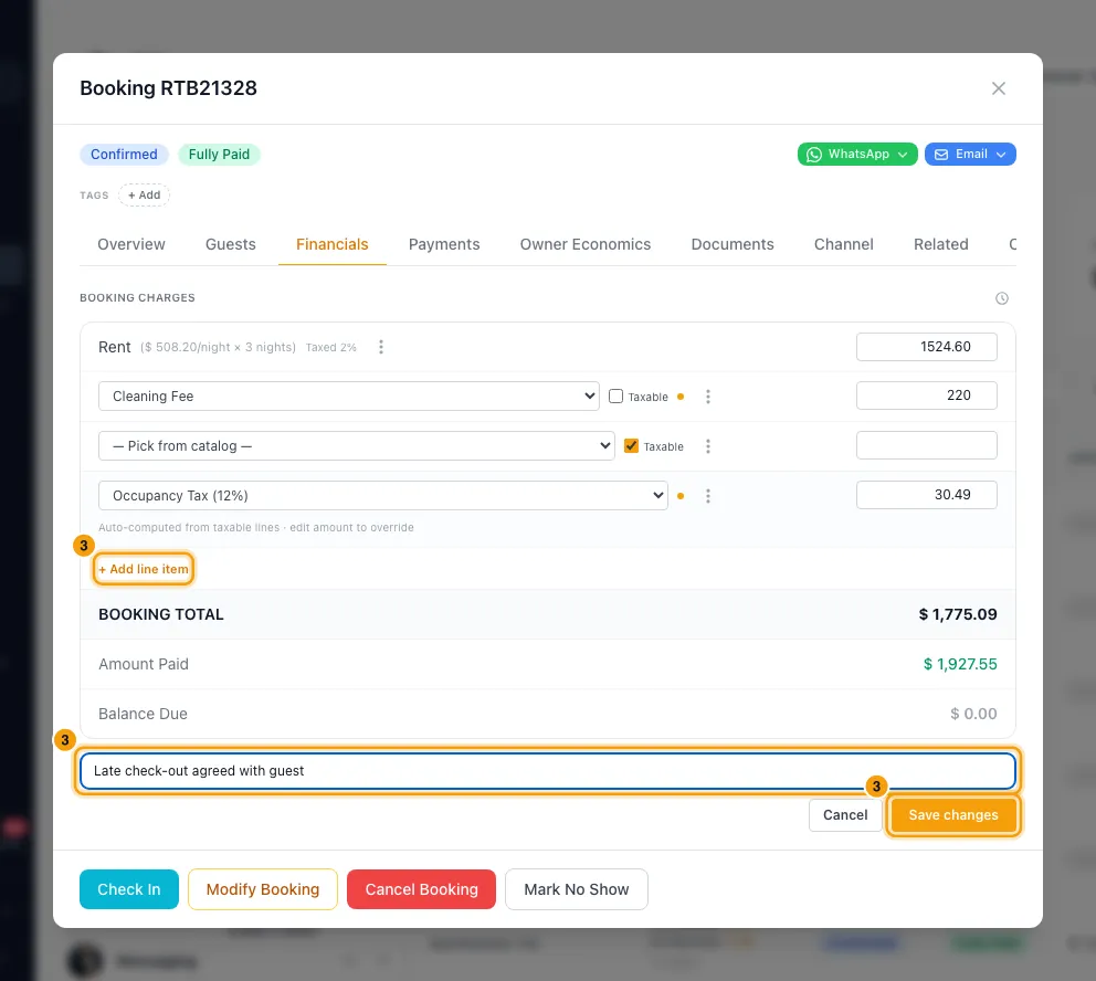 Add a fee, tax or discount to a booking: step 3 in Rentibly, with + Add line item, Reason for change, Save changes marked.