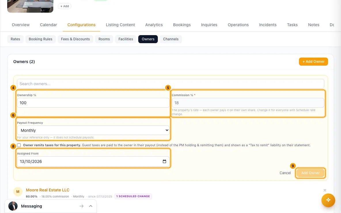 Add an owner to a property: steps 4, 5, 6, 8 and 9 in Rentibly, with Ownership %, Commission %, Payout Frequency marked.