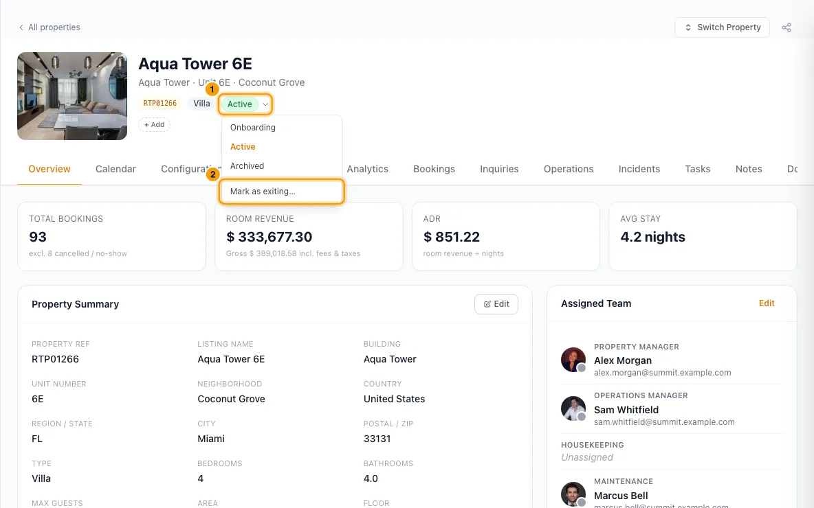 Archive a property or schedule its exit: steps 1 and 2 in Rentibly, with Active, Mark as exiting… marked.