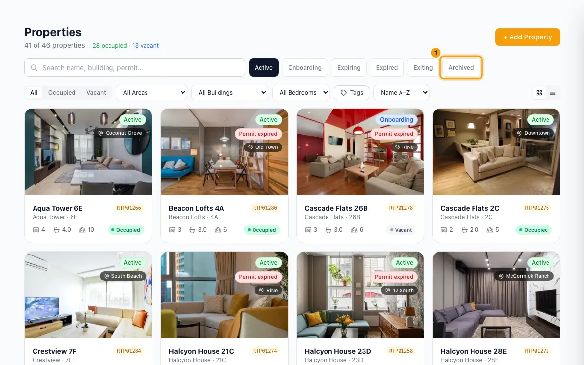 Archive a property or schedule its exit: step 1 in Rentibly, with Archived marked.