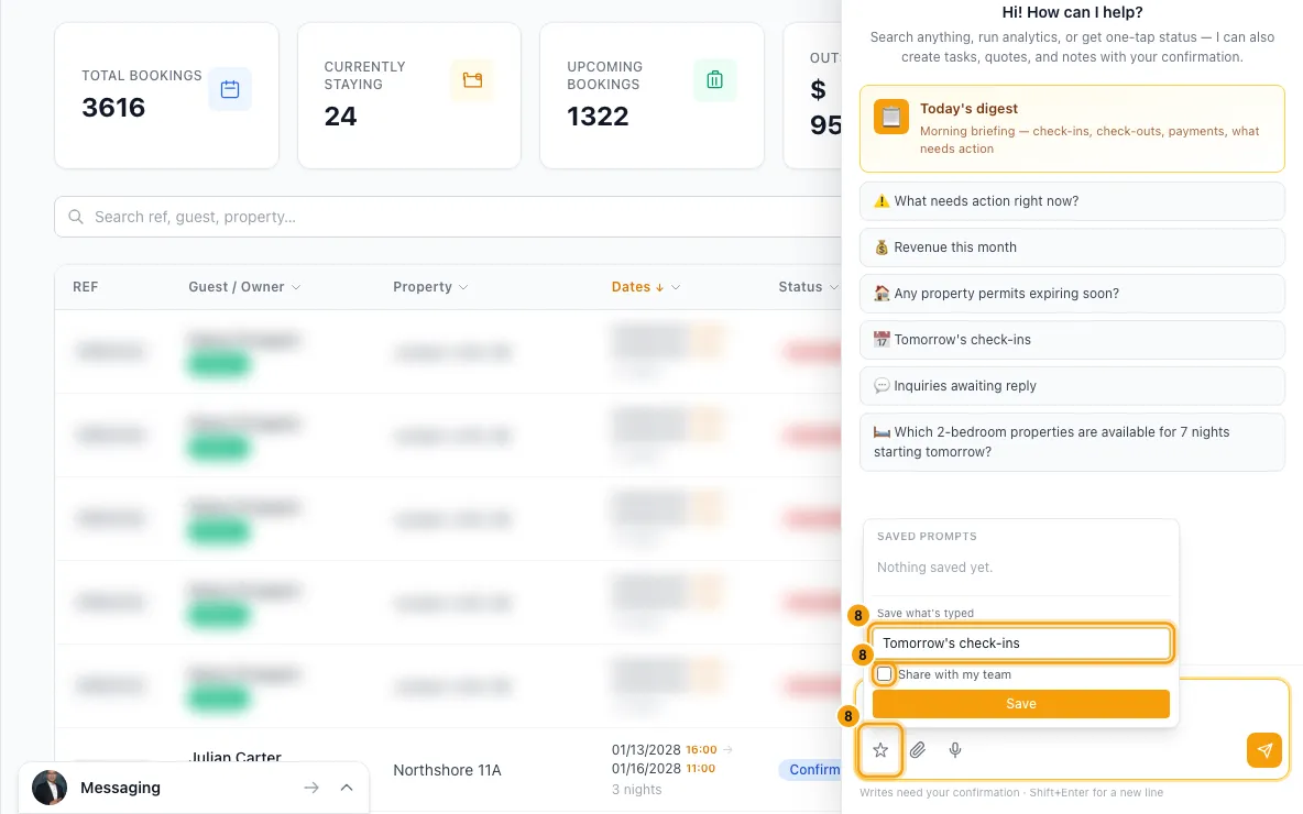 Ask Rentibly AI to do things for you: step 8 in Rentibly, with Saved prompts, Saved prompts, Share with my team marked.