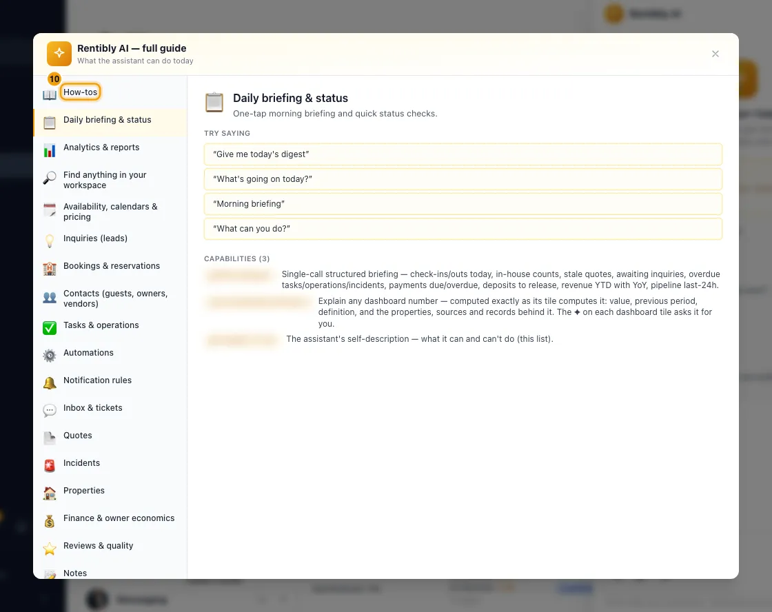 Ask Rentibly AI to do things for you: step 10 in Rentibly, with What can Rentibly AI do?, How-tos marked.