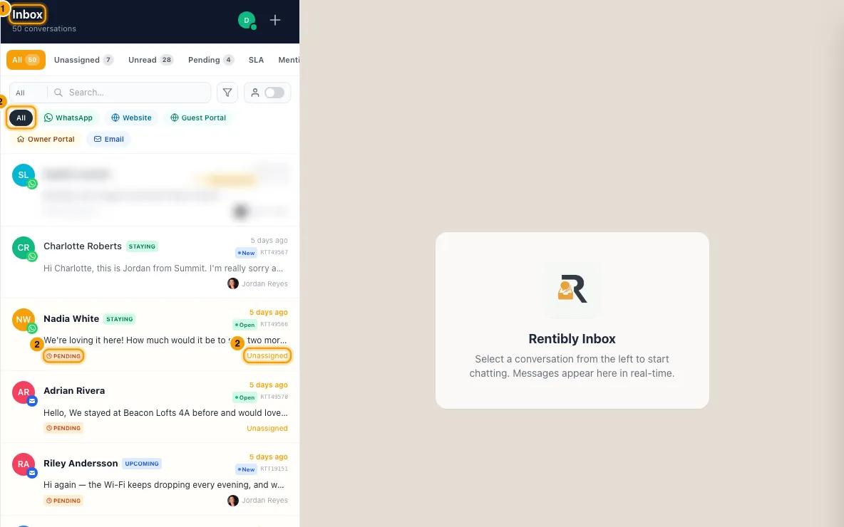 Assign and handle conversations in the Inbox: steps 1 and 2 in Rentibly, with Inbox, All, Unassigned marked.