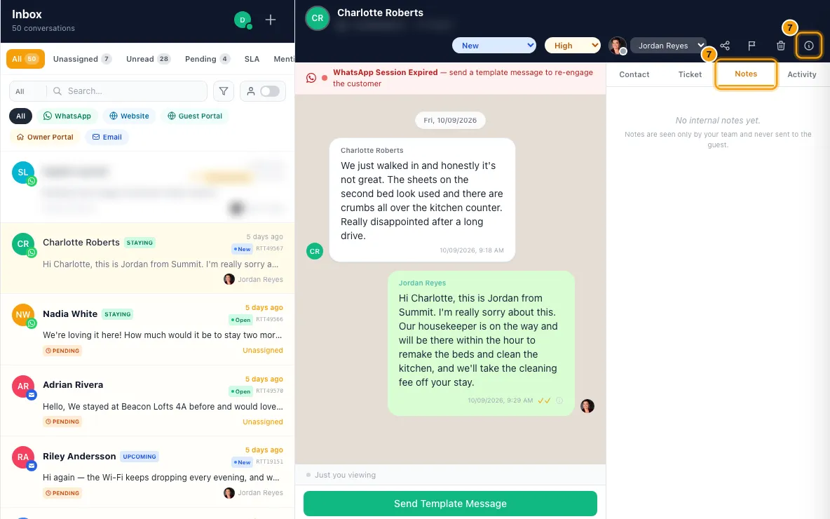 Assign and handle conversations in the Inbox: steps 7 and 8 in Rentibly, with Details, Notes, list marked.