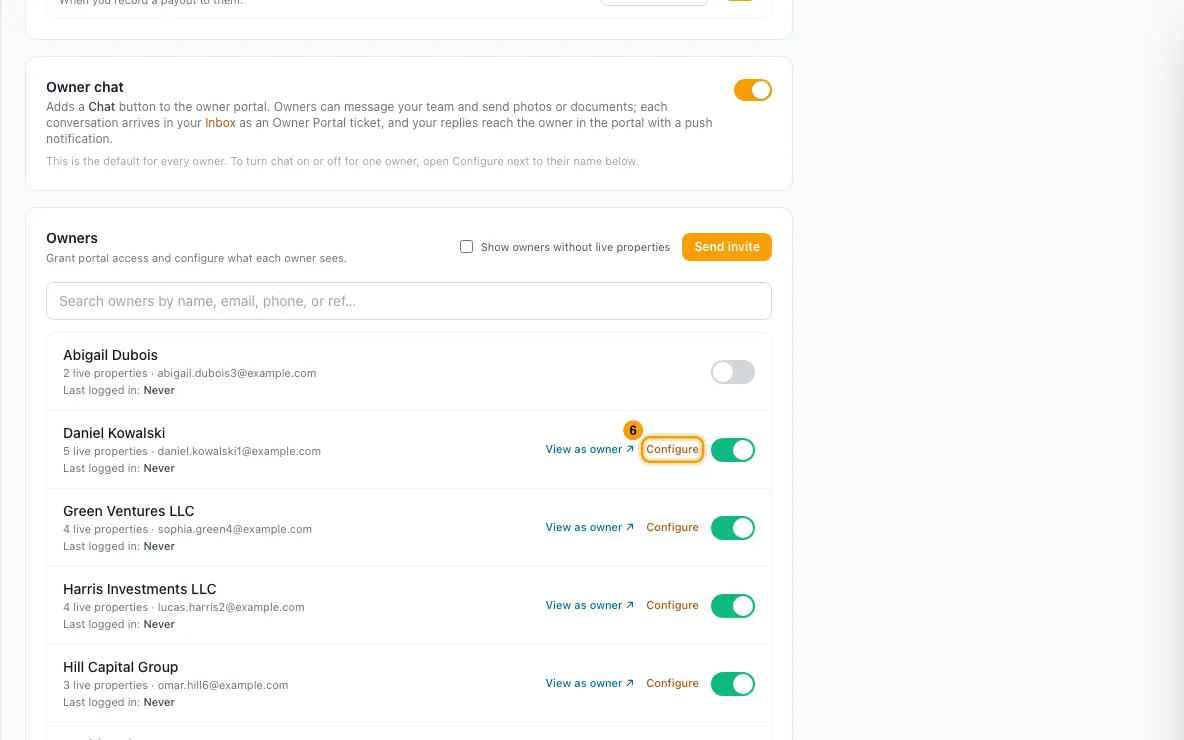 Attach photos and invoices to an operation and show them to owners: step 6 in Rentibly, with Configure marked.