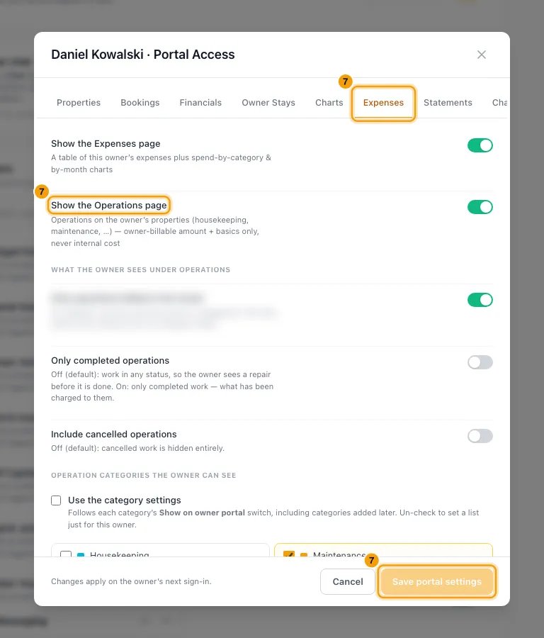 Attach photos and invoices to an operation and show them to owners: step 7 in Rentibly, with Expenses, Show the Operations page, Save portal settings marked.