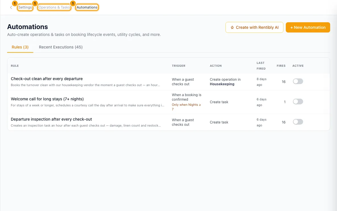 Automate work with Automations: step 1 in Rentibly, with Settings, Operations & Tasks, Automations marked.