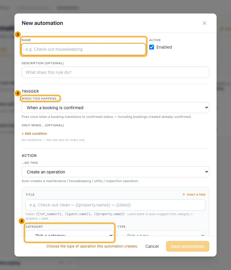 Automate work with Automations: steps 3 and 4 in Rentibly, with Name, When this happens…, Category marked.