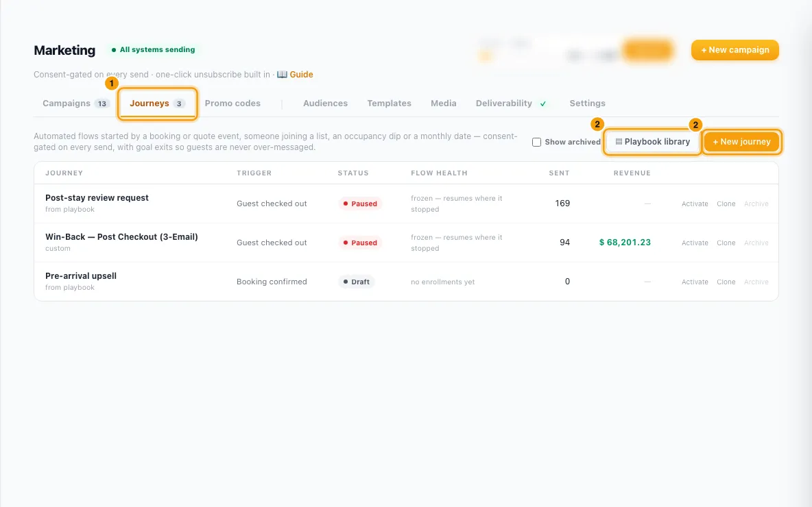 Build an automated journey: steps 1 and 2 in Rentibly, with Journeys, ▤ Playbook library, + New journey marked.