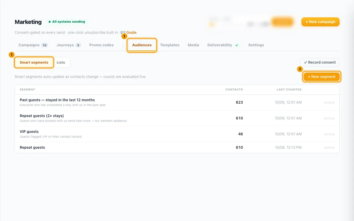 "Build audiences: segments, lists and consent": step 1 in Rentibly, with Audiences, Smart segments, + New segment marked.