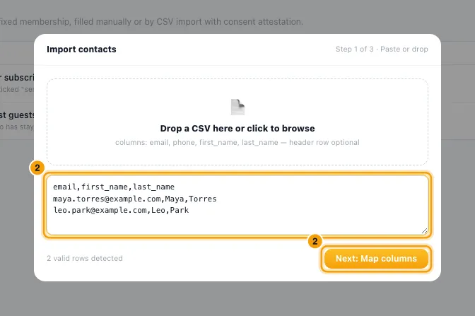 "Build audiences: segments, lists and consent": step 2 in Rentibly, with the CSV rows, Next: Map columns marked.