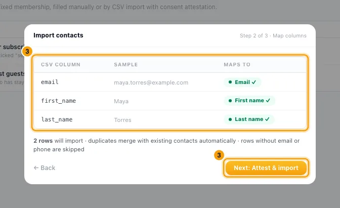 "Build audiences: segments, lists and consent": step 3 in Rentibly, with Maps to, Next: Attest & import marked.