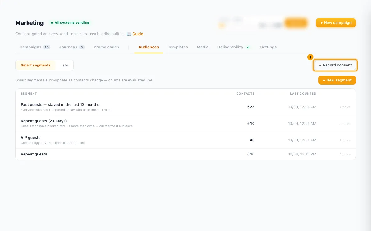 "Build audiences: segments, lists and consent": step 1 in Rentibly, with ✓ Record consent marked.