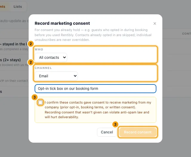 "Build audiences: segments, lists and consent": steps 2 and 3 in Rentibly, with Who, Channel, the confirmation box marked.