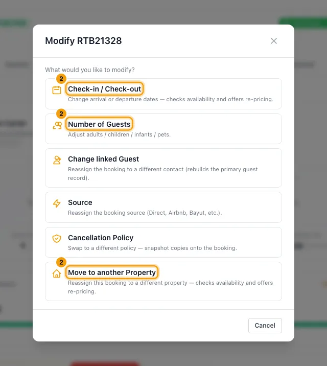 Change a booking's dates or move it to another property: step 2 in Rentibly, with Check-in / Check-out, Move to another Property, Number of Guests marked.