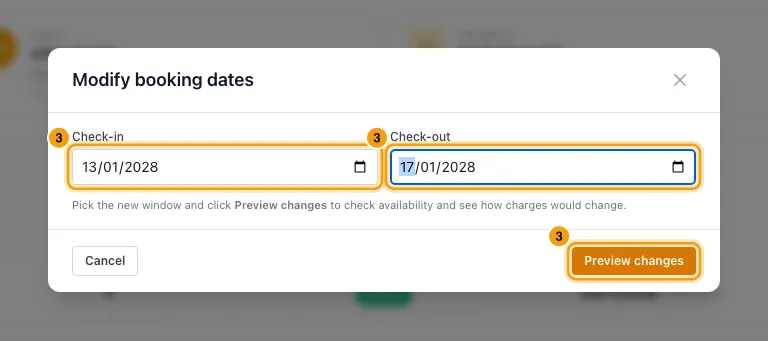 Change a booking's dates or move it to another property: step 3 in Rentibly, with Check-in, Check-out, Preview changes marked.