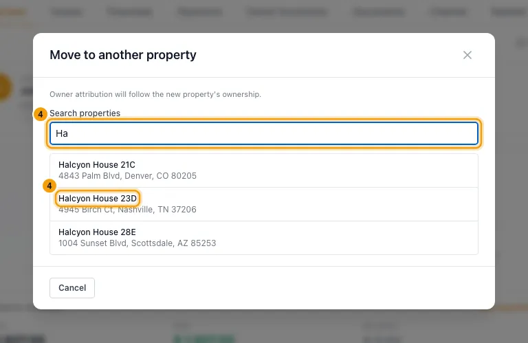Change a booking's dates or move it to another property: step 4 in Rentibly, with Search properties, Halcyon House 23D marked.