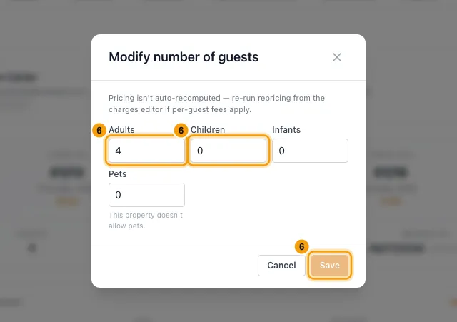 Change a booking's dates or move it to another property: step 6 in Rentibly, with Adults, Children, Save marked.