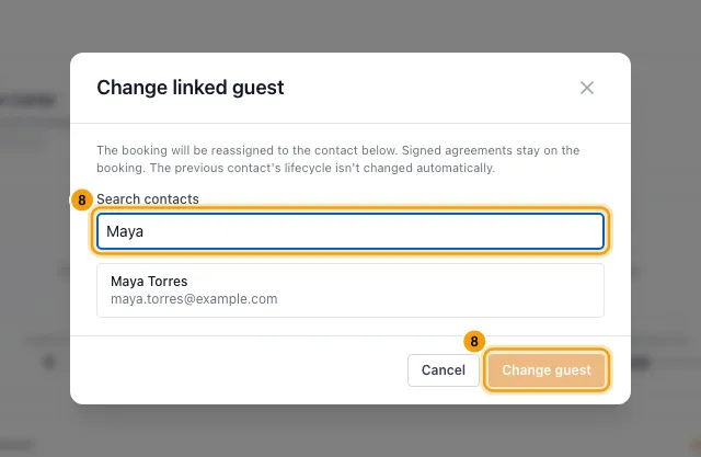 Change a booking's dates or move it to another property: step 8 in Rentibly, with Search contacts, Change guest marked.