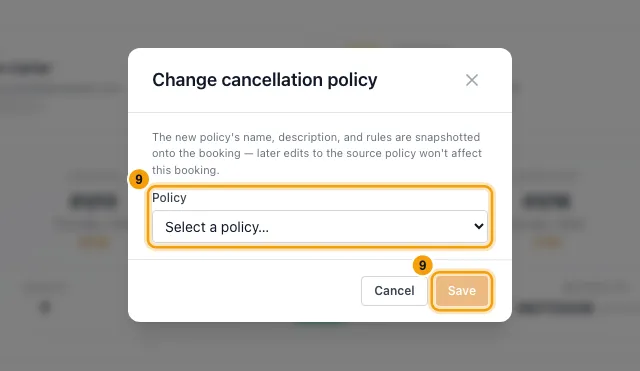 Change a booking's dates or move it to another property: step 9 in Rentibly, with Policy, Save marked.