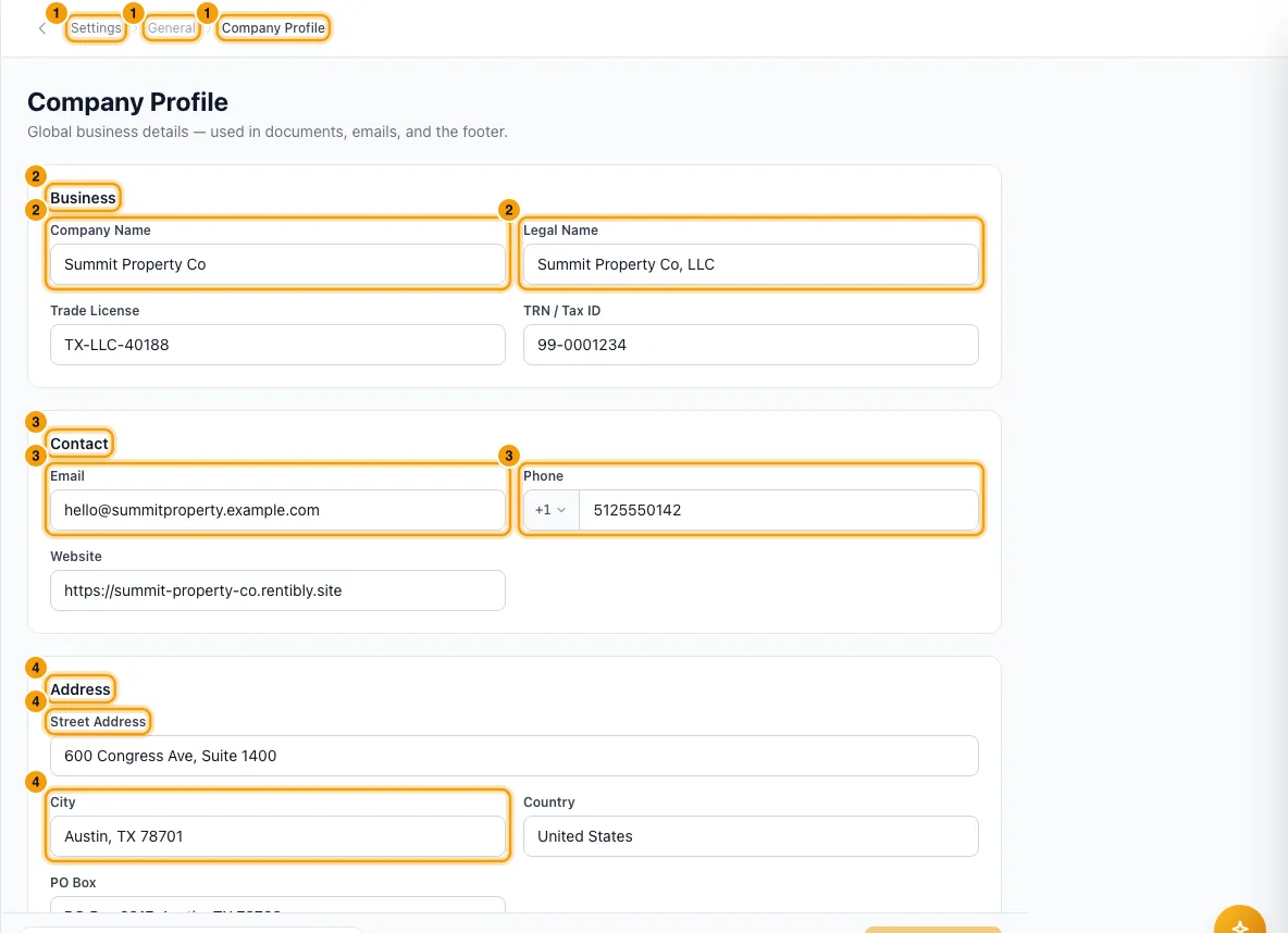 Change your company profile, timezone, date format and business hours: steps 1, 2, 3 and 4 in Rentibly, with Settings, General, Company Profile marked.