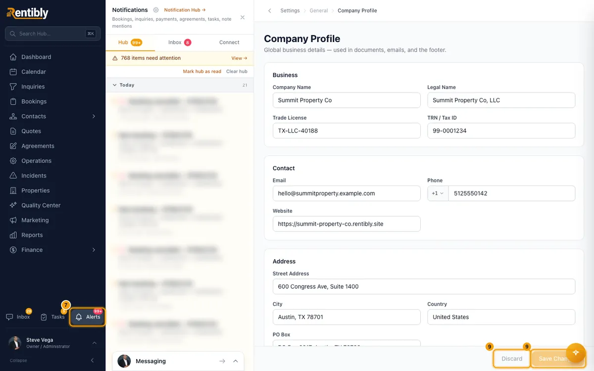 Change your company profile, timezone, date format and business hours: steps 7 and 9 in Rentibly, with Notifications, Save Changes, Discard marked.